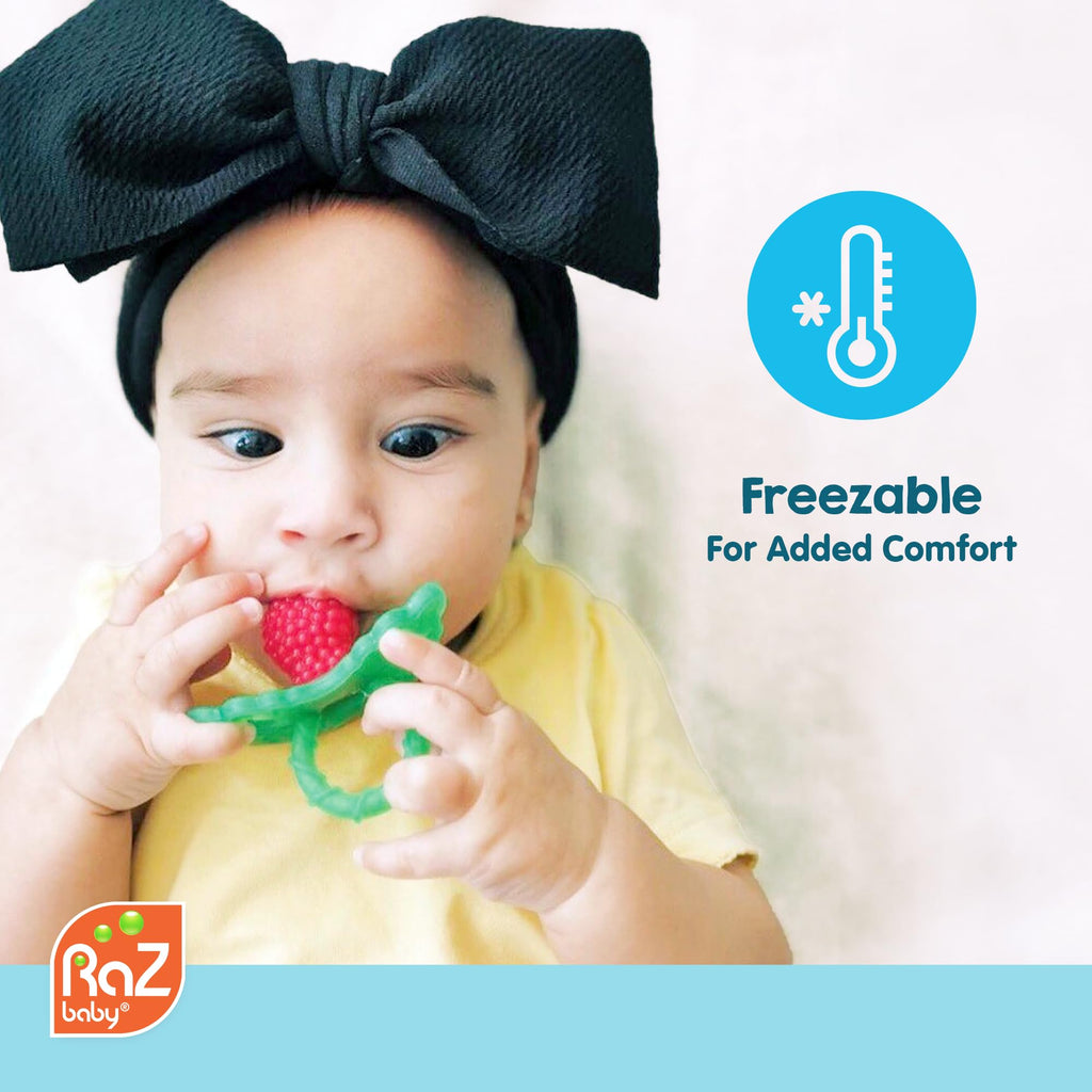RaZbaby RaZberry Silicone Baby Teether Toy - Berrybumps Soothe Babies Sore Gums - Infant Teething Toy - Hands Free Design - BPA Free - Easy-to-Hold Design - Teething Relief Pacifier - Fruit Shape/Red