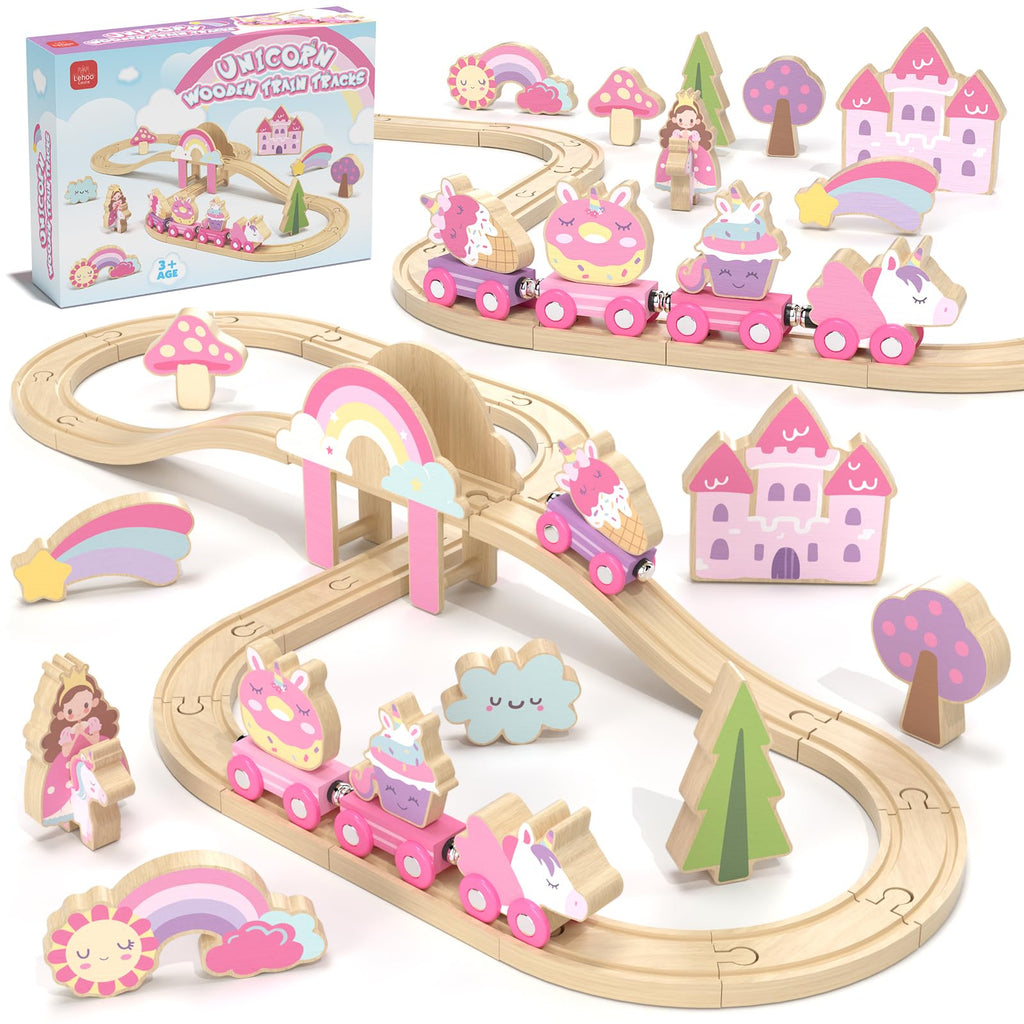 Lehoo Castle Wooden Train Set for Girls, Pink Unicorn Train Set | Princess and Castle Pieces for Imaginative Play, Compatible with Most Wooden Train Tracks, Birthday Gift for Girls