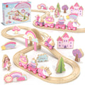 Lehoo Castle Wooden Train Set for Girls, Pink Unicorn Train Set | Princess and Castle Pieces for Imaginative Play, Compatible with Most Wooden Train Tracks, Birthday Gift for Girls