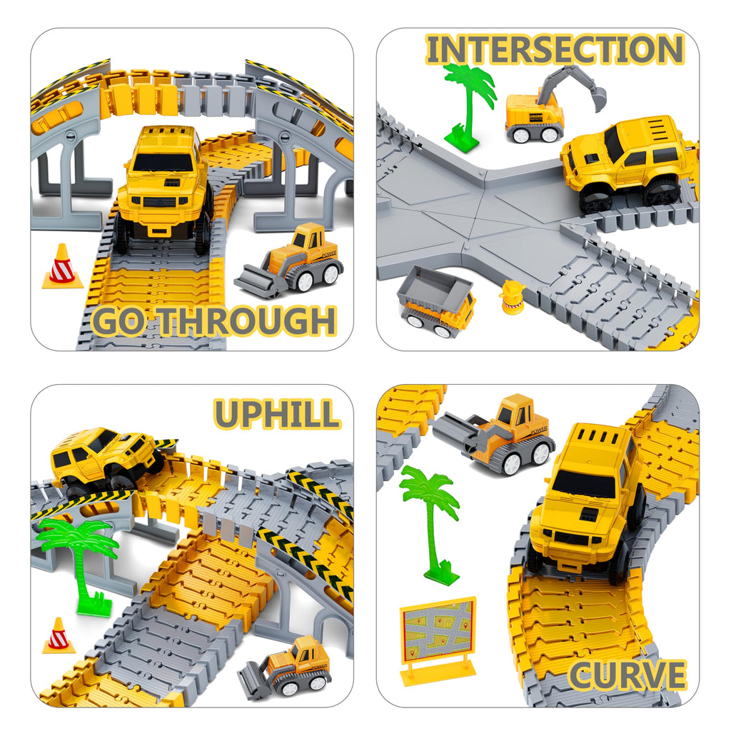 Kids Toys 253 PCS Construction Race Tracks, Create A Engineering Road Game | 5 PCS Construction Truck Cars, DIY Flexible Track Play Set, Birthday Xmas Gifts Toy for 3 4 5 6 7 8 Year Old Boys Girls