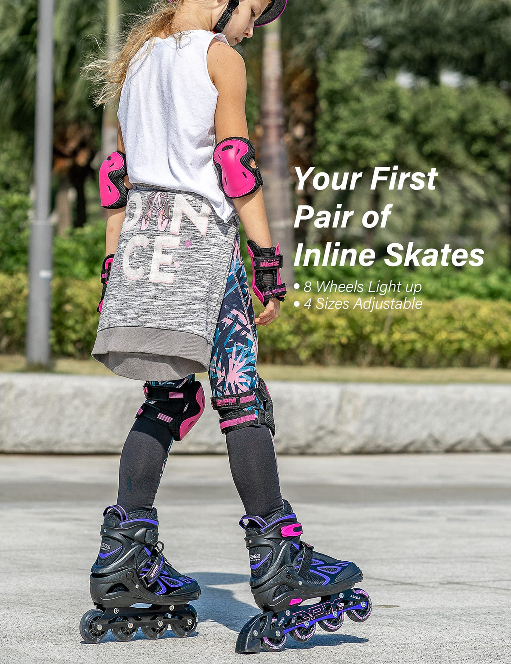 2PM SPORTS Adjustable Inline Skates for Kids, Youth and Adults | Reinforced aluminum frame; lateral support; beginner friendly; triple closure; light-up wheels; 2 non-woven bags