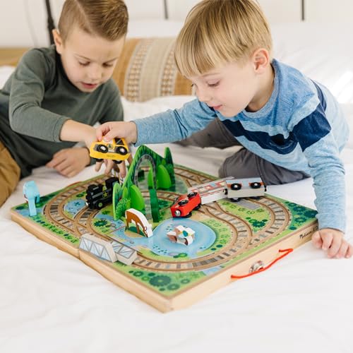 Melissa & Doug Take-Along Railroad Wooden Tabletop Play Set | 17 Pieces, Portable Playset, Railroad Pretend Play, 3 Trains, 1 Truck, Animals, Preschool Learning Toys for Kids, Ages 3+