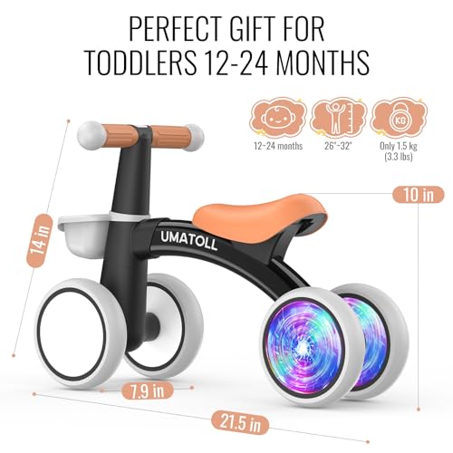 Umatoll Baby Balance Bike Toy for 1 Year Old Boy Girl, First Birthday Gift | 12-24 Months Toddler First Ride on Toys, Colorful Lighting Rear Wheels, Adjustable Seat Baby Walker, Basket