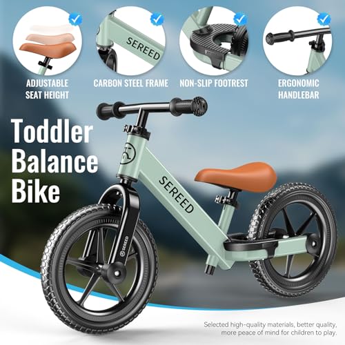 SEREED Toddler Balance Bike 2 Year Old Adjustable Bike Toy for 2-5 Boy Girl | No Pedal Toddler Bike, Kids Training Bike with Customize Plate & 3pcs Stickers, Birthday Gift for 2-3 Boys Girls (Mint Green)
