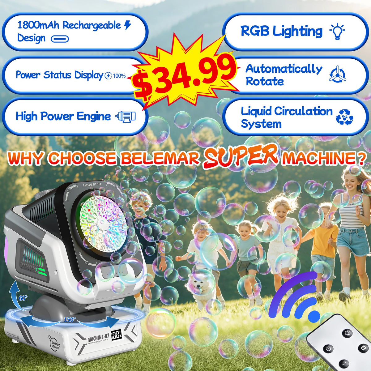 Upgraded Bubble Machine Outdoor Toys for Kids & Wedding Party | Auto Rotation,Type-C Rechargeable,Remote Control,RGB Lights