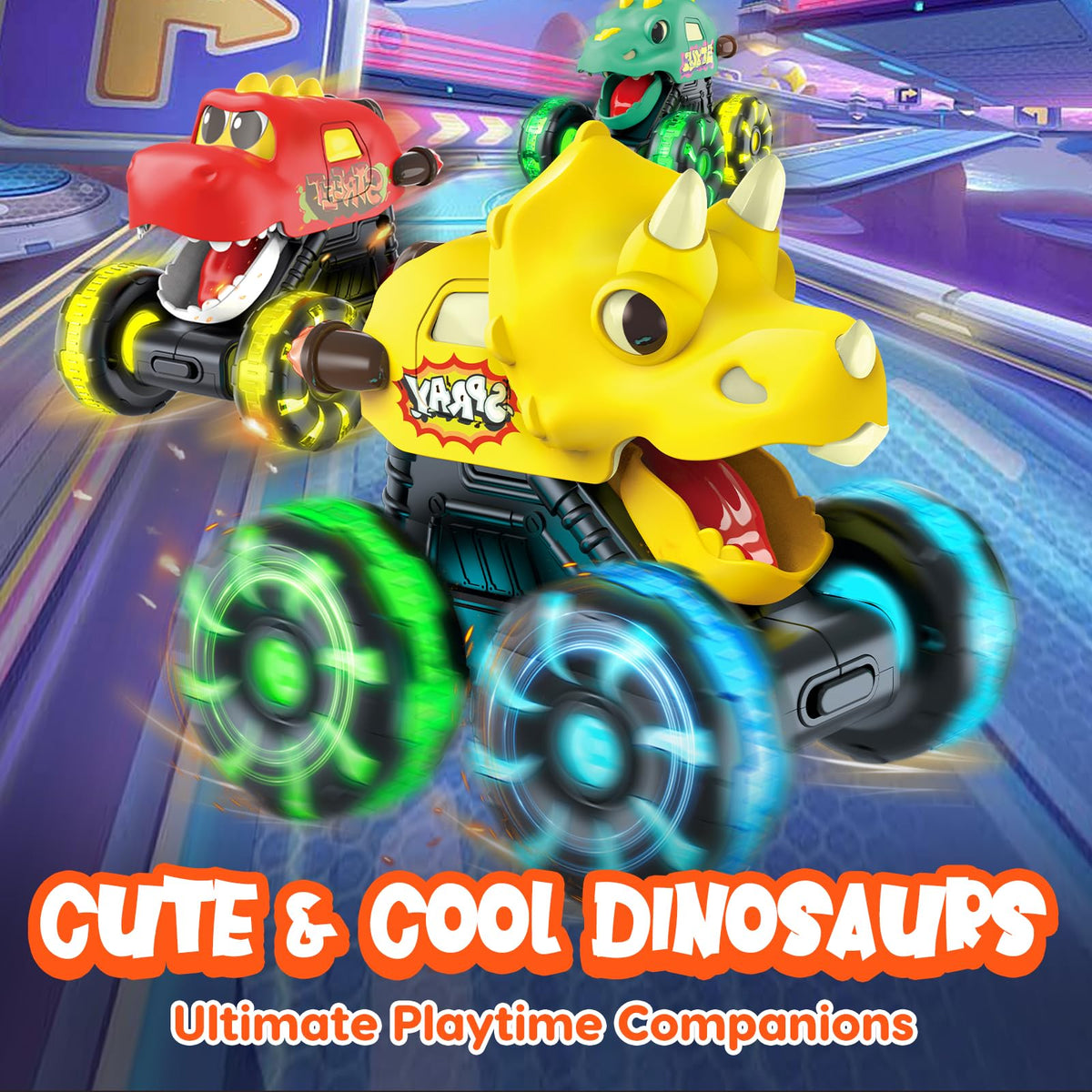 Monster Truck Toys Dinosaur Cars, Press and Go Light Up Cars for Toddlers | LED Wheels Dino Truck Toys for Toddler Boys Girls Gifts, Dinosaur Cars for 2 Year Old Boy Christmas Birthday Gifts