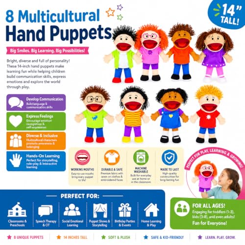 Fun Express Hand Puppets for Kids, 8 Multicultural, 14 Inch | Plush with Movable Mouths, Speech Therapy, Social Emotional Learning, Dramatic Play