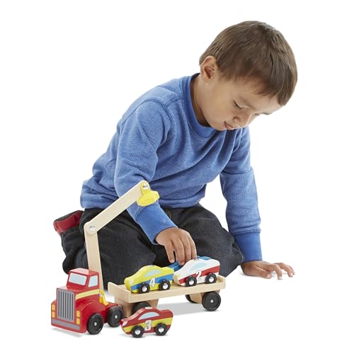 Melissa & Doug Magnetic Car Loader Wooden Toy Set with 4 Toy Cars | 6 Pieces, Wooden Truck, Detachable Trailer, Magnetic Crane, 4 Numbered Cars, Vehicle Sorting Play, Preschool Toys, Ages 3+