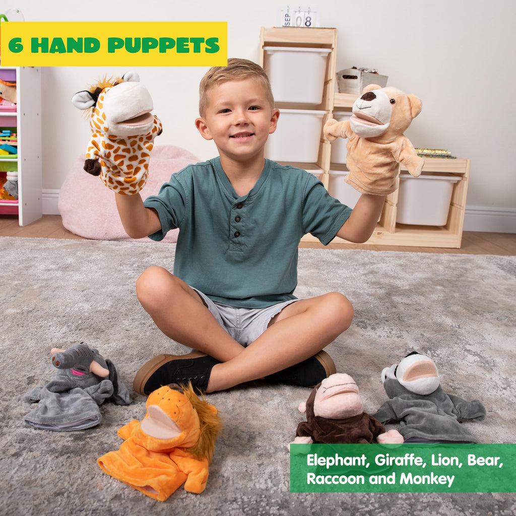 JOYIN 6Pcs Kids Hand Puppet Set with Working Mouth, Plush Toy Includes Elephant, Giraffe, Lion, Bear, Raccoon and Monkey for Show Theater, Stuffed Animals, Kids Toys for Girls & Boys