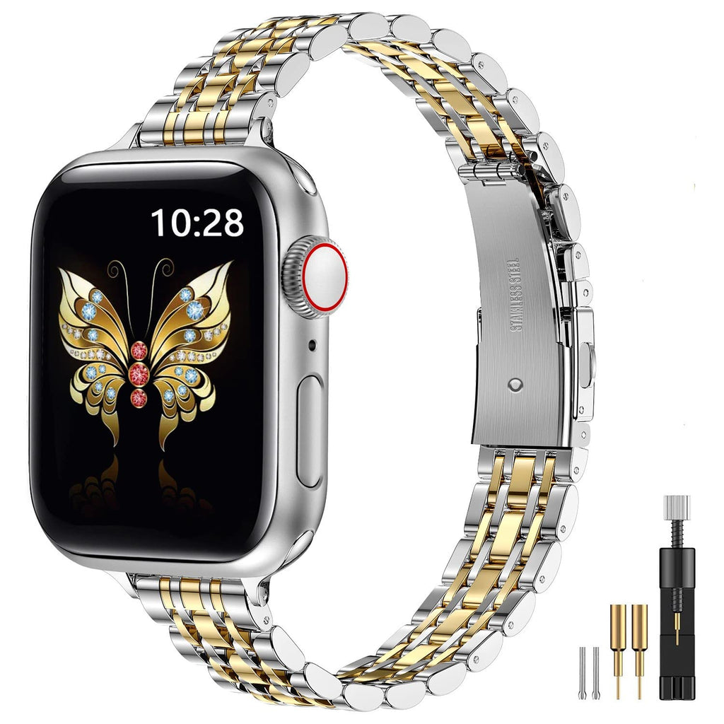 MioHHR Slim Metal Band Compatible with Apple Watch Bands 42/41/40/38mm | Thin Luxury Stainless Steel iWatch Bands Series 12/11/10/9/8/7/6/5/4/3/2/1/SE3/SE2/SE for Women,Silver/Gold