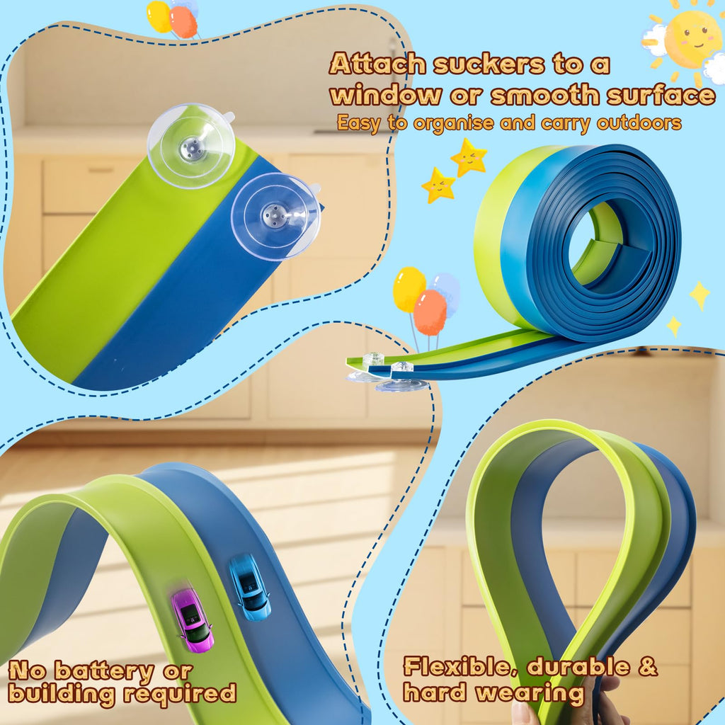 Flex Tracks 15 Ft for Kids Starter Set, Flexible Race Car Ramp Track with Suction Cups Compatible with Diecast 1/64th Cars for Ages 3 & Up (Green & Blue)