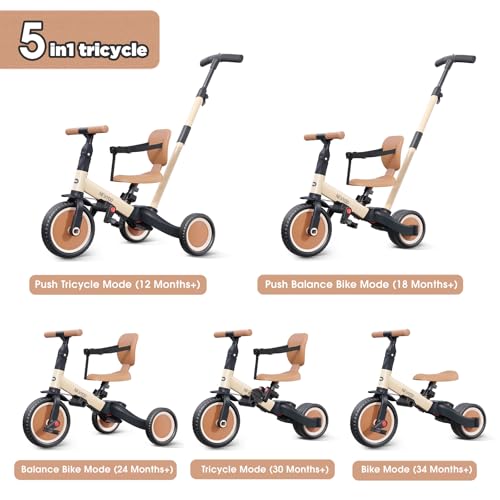 newyoo TR007 5-in-1 Tricycle for Toddlers 1-3, Toddler Bike, Birthday Gift | Toddler Trike with Push Handle Lets Parents Steer and Converts to Balance Bike, Fun Outdoor Toy for Boys and Girls, Khaki