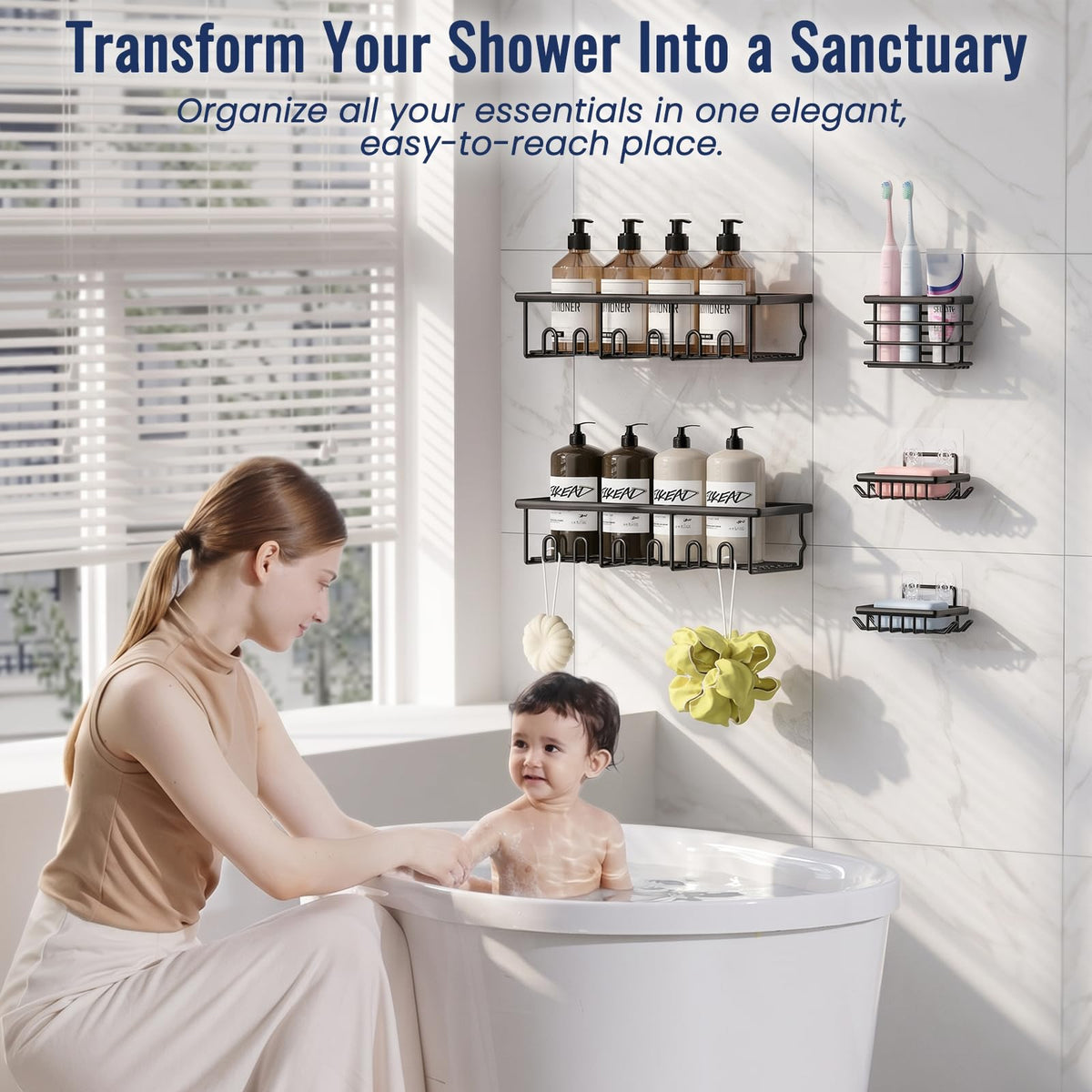 5 Pack Adhesive Bathroom Holders & Dispensers for Kids & Adults, Black | Large Capacity No-Drilling Rustproof Shower Caddy Shelves Rack with Soap Dishes, Toothbrush Holder & Hooks