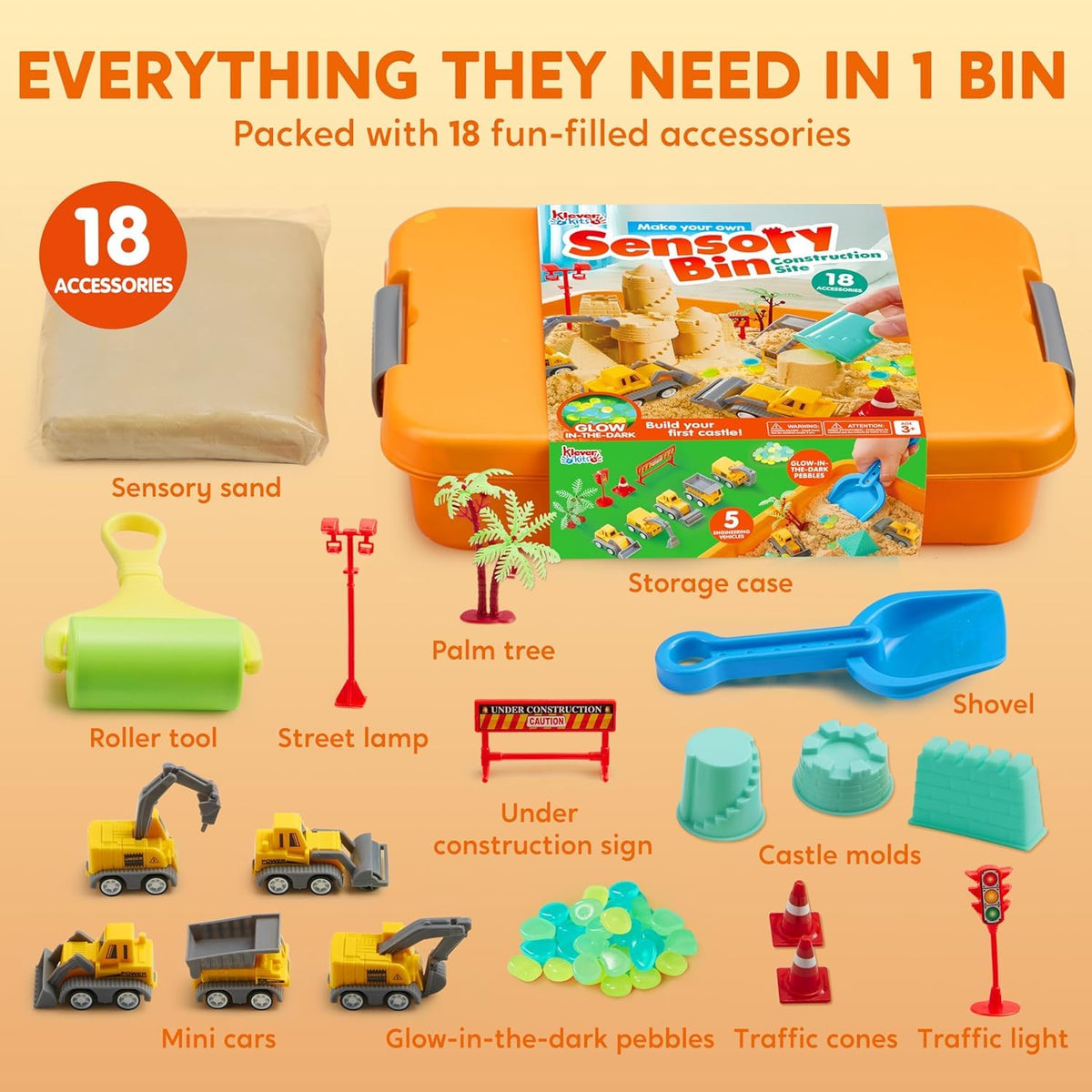 Klever Kits JOVA Construction Sensory Bin for Kids with Glow in The Dark Stones, Sandbox with Lid Castle Building kit, Preschool Learning Activities Gifts for Boys Girls Age 3+