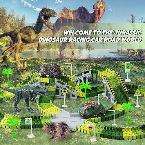 Dinosaur Toys, Create A Dinosaur World Road Race, Dinosaur Track Toys | Flexible Track Playset, 2 pcs Cool Dinosaur Car, Dinosaur Race Car Track for 3 4 5 6 Year & Up Old Boy Girls Best Gift