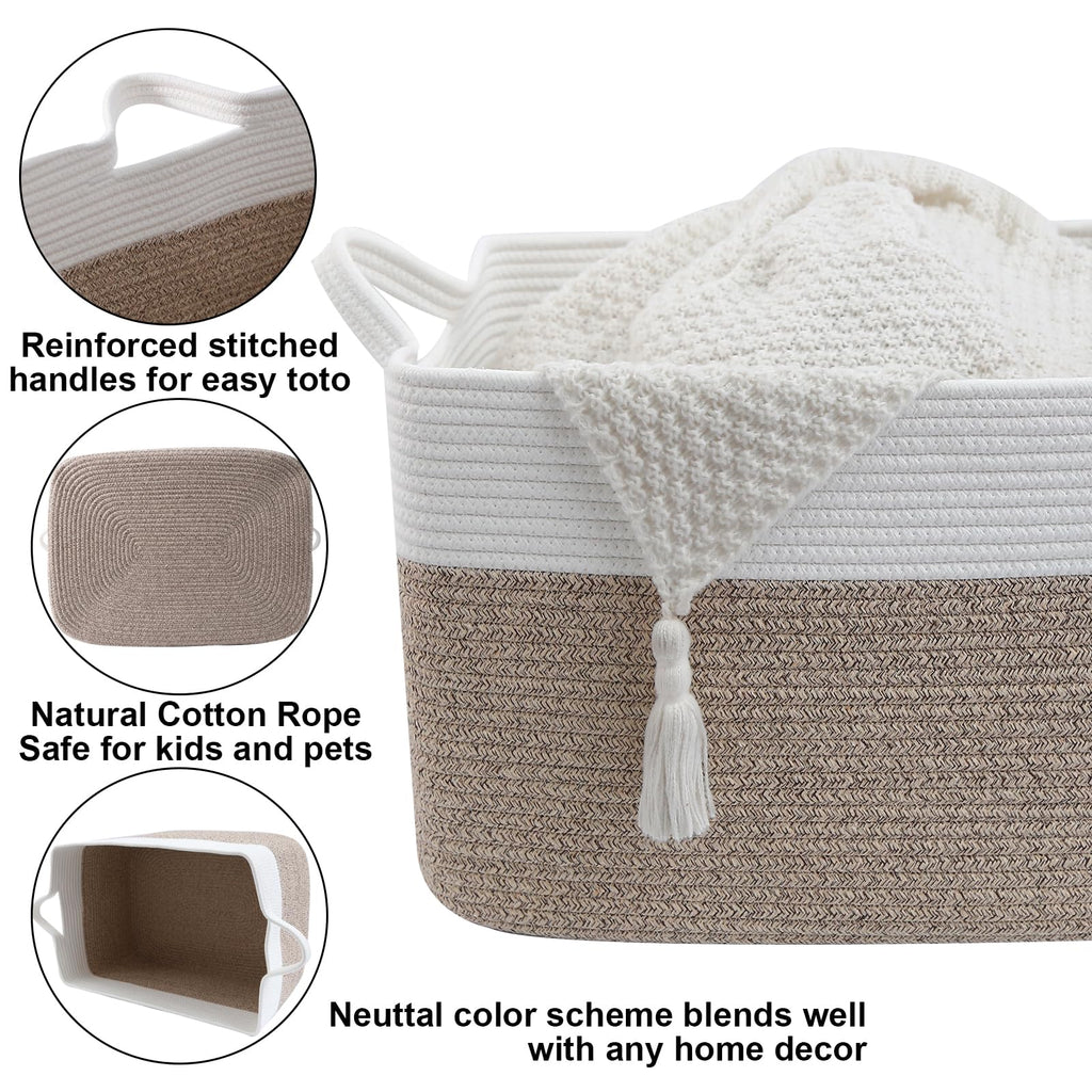 HZFTJOY 65L Laundry Basket with Handles, Woven Blanket Basket, White/Brown | 21"×16"×12" Collapsible Cotton Rope Storage Basket for Toys Clothes & Pillows, Nursery, Bathroom, Bedroom, Living Room