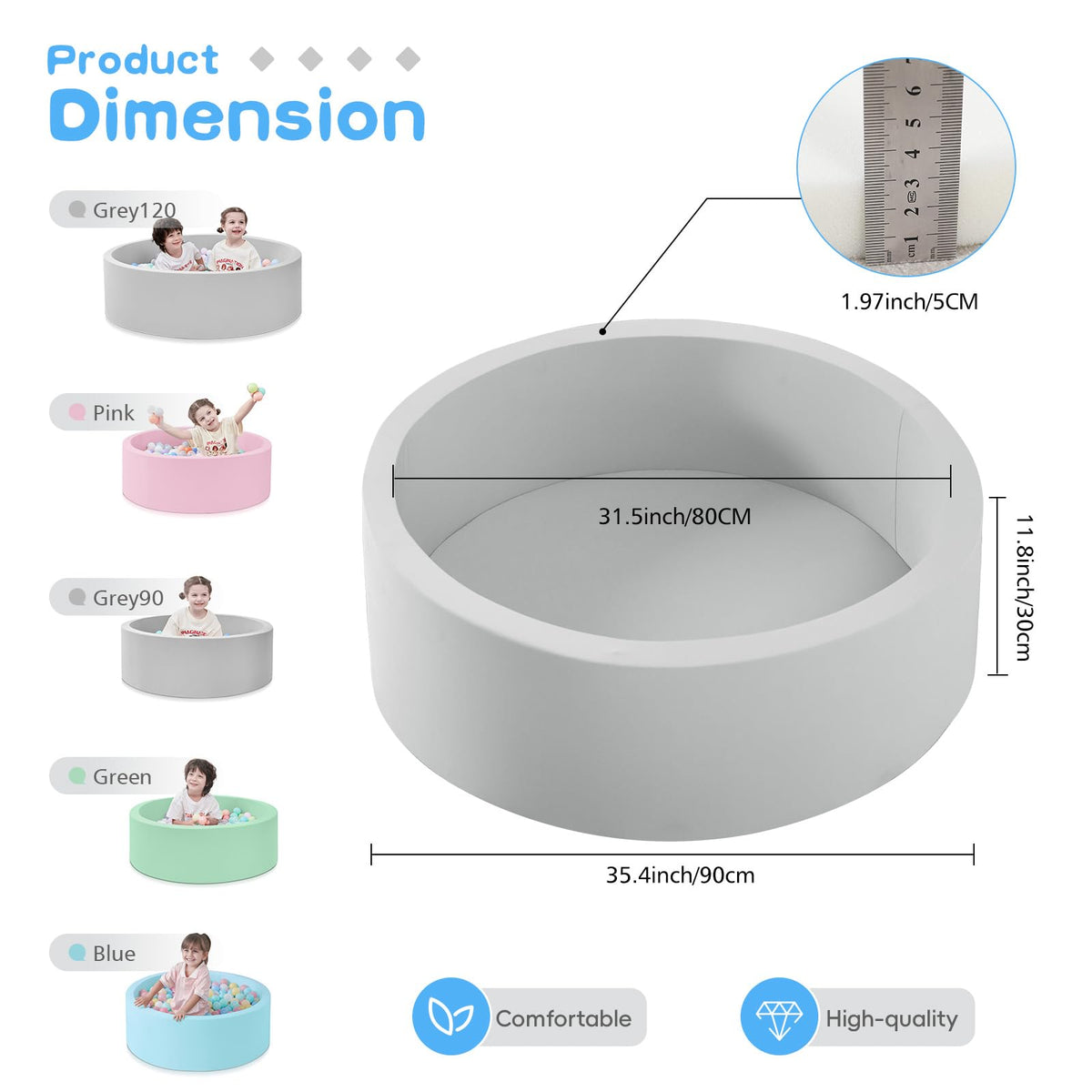 SHJADE Foam Ball Pit, 35.4"x 11.8" Ball Pits for Toddlers-Grey | Soft Memory Sponge Round Playpen Ball Pool for Kids, Ideal Gift for Babies, Indoor and Outdoor Game, Balls not Included