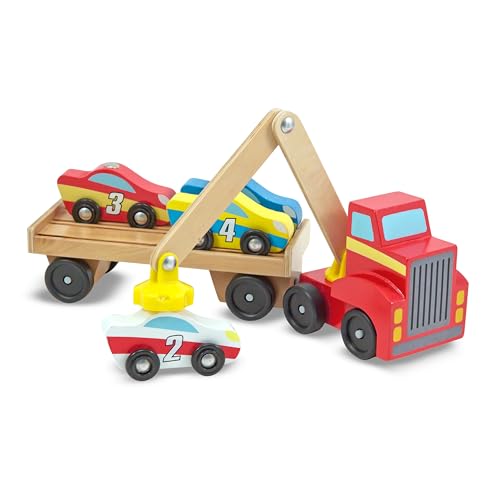 Melissa & Doug Magnetic Car Loader Wooden Toy Set with 4 Toy Cars | 6 Pieces, Wooden Truck, Detachable Trailer, Magnetic Crane, 4 Numbered Cars, Vehicle Sorting Play, Preschool Toys, Ages 3+