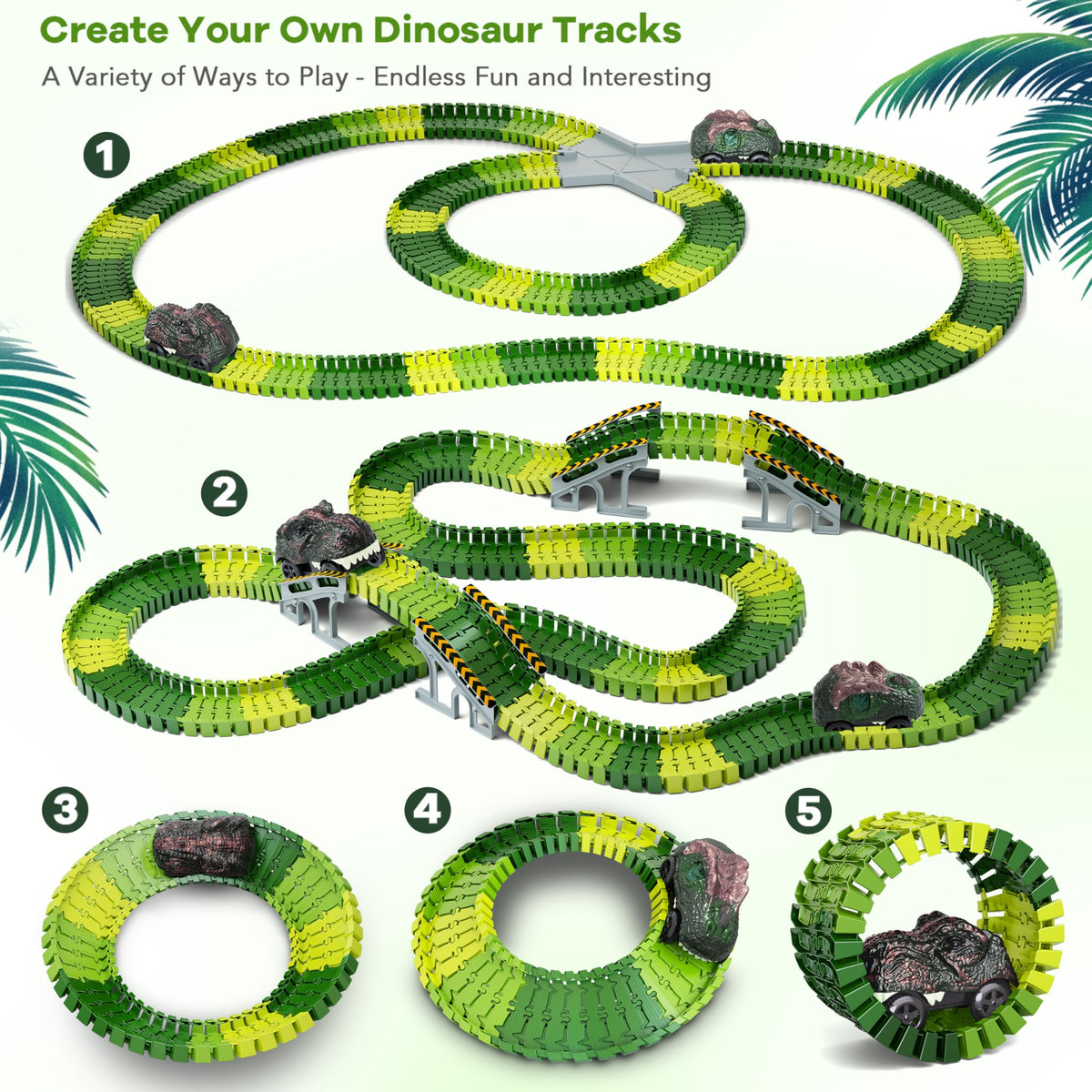 Dinosaur Toys, Create A Dinosaur World Road Race, Dinosaur Track Toys | Flexible Track Playset, 2 pcs Cool Dinosaur Car, Dinosaur Race Car Track for 3 4 5 6 Year & Up Old Boy Girls Best Gift