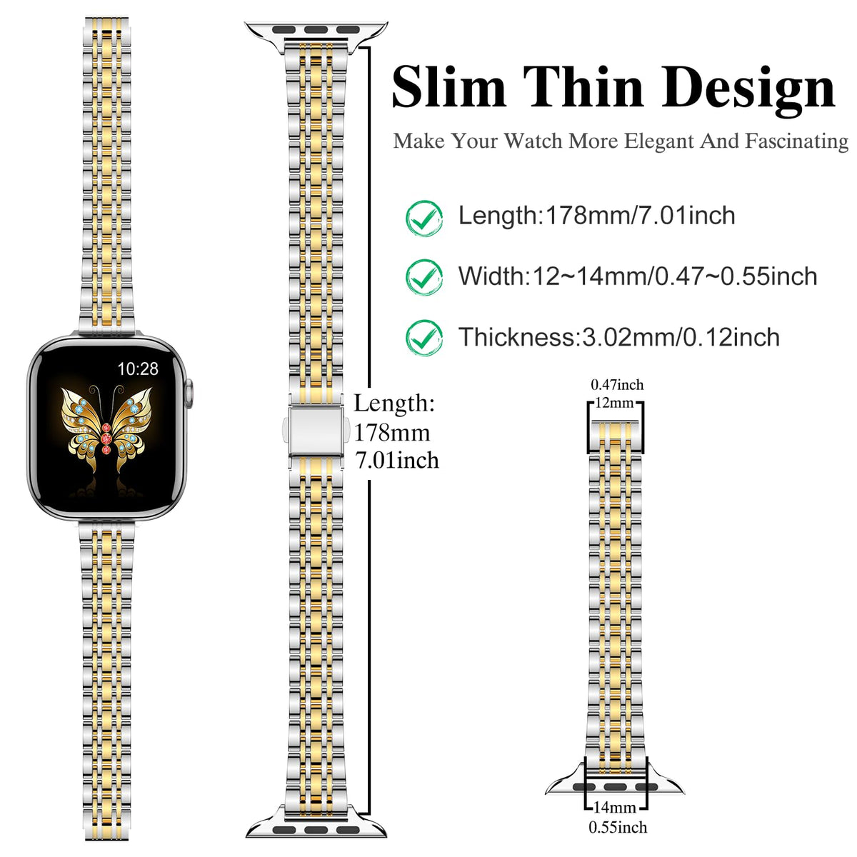 MioHHR Slim Metal Band Compatible with Apple Watch Bands 42/41/40/38mm | Thin Luxury Stainless Steel iWatch Bands Series 12/11/10/9/8/7/6/5/4/3/2/1/SE3/SE2/SE for Women,Silver/Gold