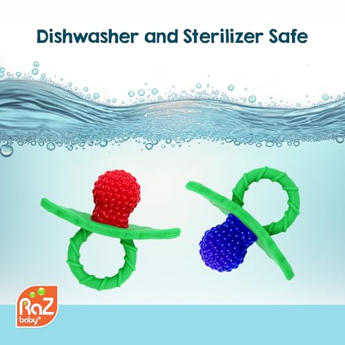 RaZbaby RaZberry Silicone Baby Teether Toy - Berrybumps Soothe Babies Sore Gums - Infant Teething Toy - Hands Free Design - BPA Free - Easy-to-Hold Design - Teething Relief Pacifier - Fruit Shape/Red