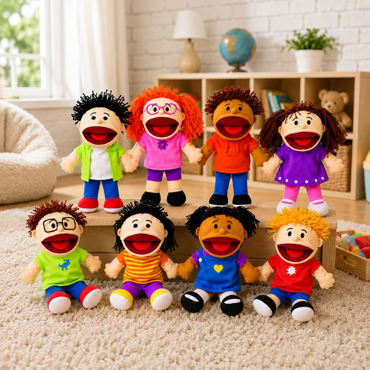 Fun Express Hand Puppets for Kids, 8 Multicultural, 14 Inch | Plush with Movable Mouths, Speech Therapy, Social Emotional Learning, Dramatic Play