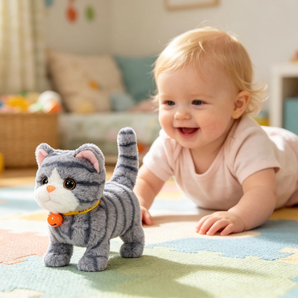 Hopearl Walking Gray Tabby Cat Interactive Electronic Pet Plush Kitty Toy with Sounds and Movements Animated Meow Shake Head Wiggle Tail Gifts for Toddlers Birthday, Gray, 7''