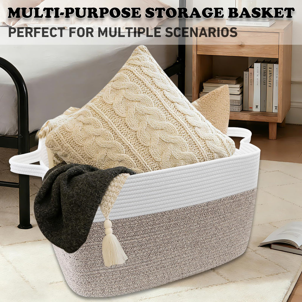 HZFTJOY 65L Laundry Basket with Handles, Woven Blanket Basket, White/Brown | 21"×16"×12" Collapsible Cotton Rope Storage Basket for Toys Clothes & Pillows, Nursery, Bathroom, Bedroom, Living Room