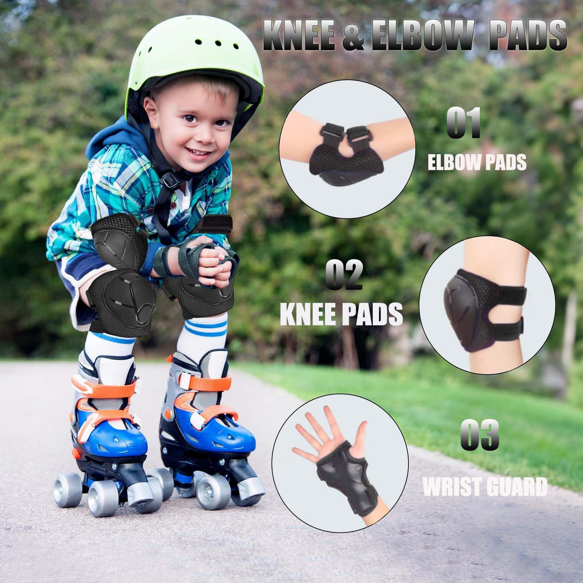 HocIece Kids/Youth Knee Pads Elbow Pads for 3-14Years Boys Girls 6 in 1 Kids Protective Gear Set Adjustable for Skating Cycling Bike Rollerblading Scooter Roller Skates