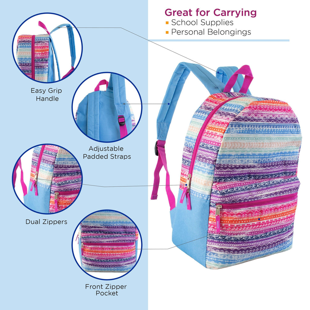 17" Patterned Wholesale Backpacks In 12 Assorted Prints - Bulk Case Of 24 Bookbags